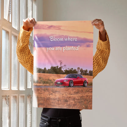 Motivational poster wall art with red Honda S2000 and inspiring text "Bloom where you're planted" against a sunset sky.
