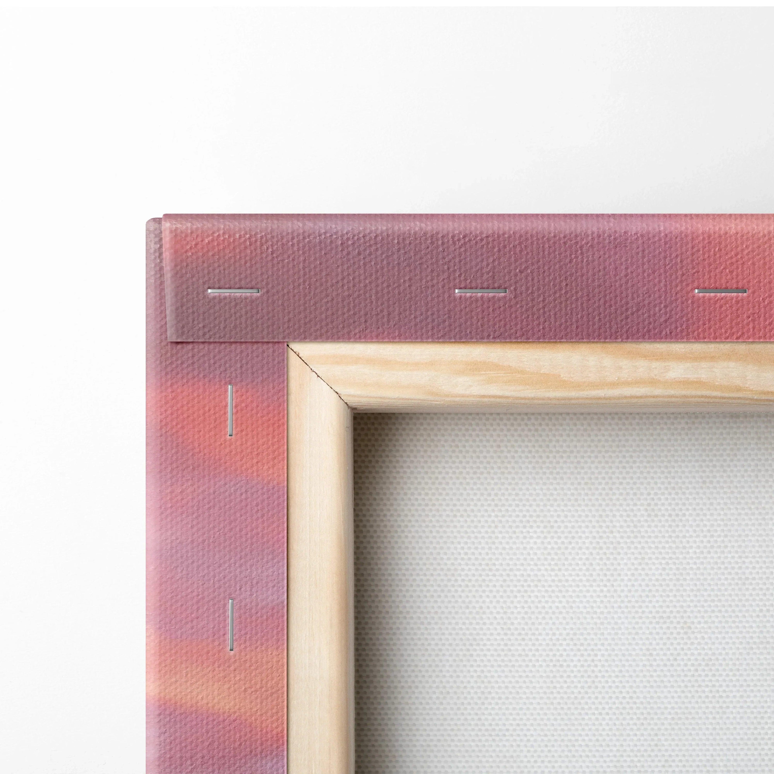 Close-up of wooden stretcher frame and textured canvas for Honda S2000 sunset wall art print.