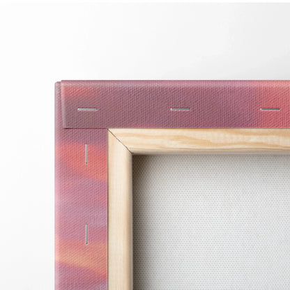 Close-up of wooden stretcher frame and textured canvas for Honda S2000 sunset wall art print.