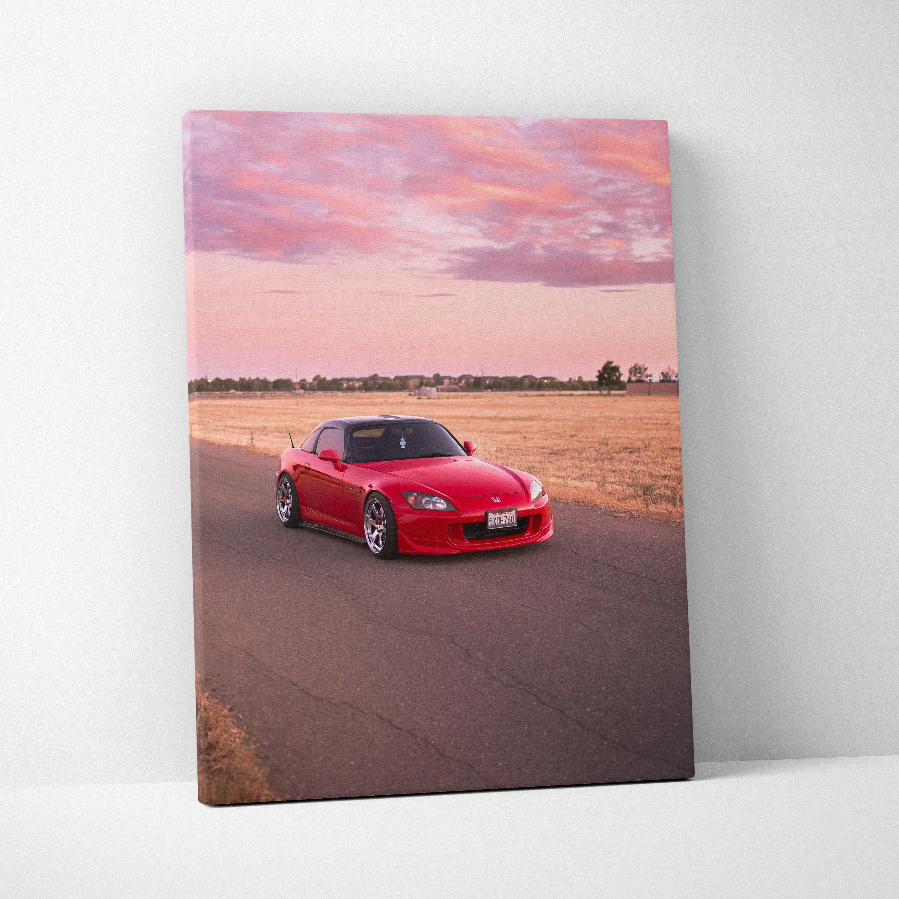 Honda S2000 red sports car on road at sunset vertical canvas wall art print.