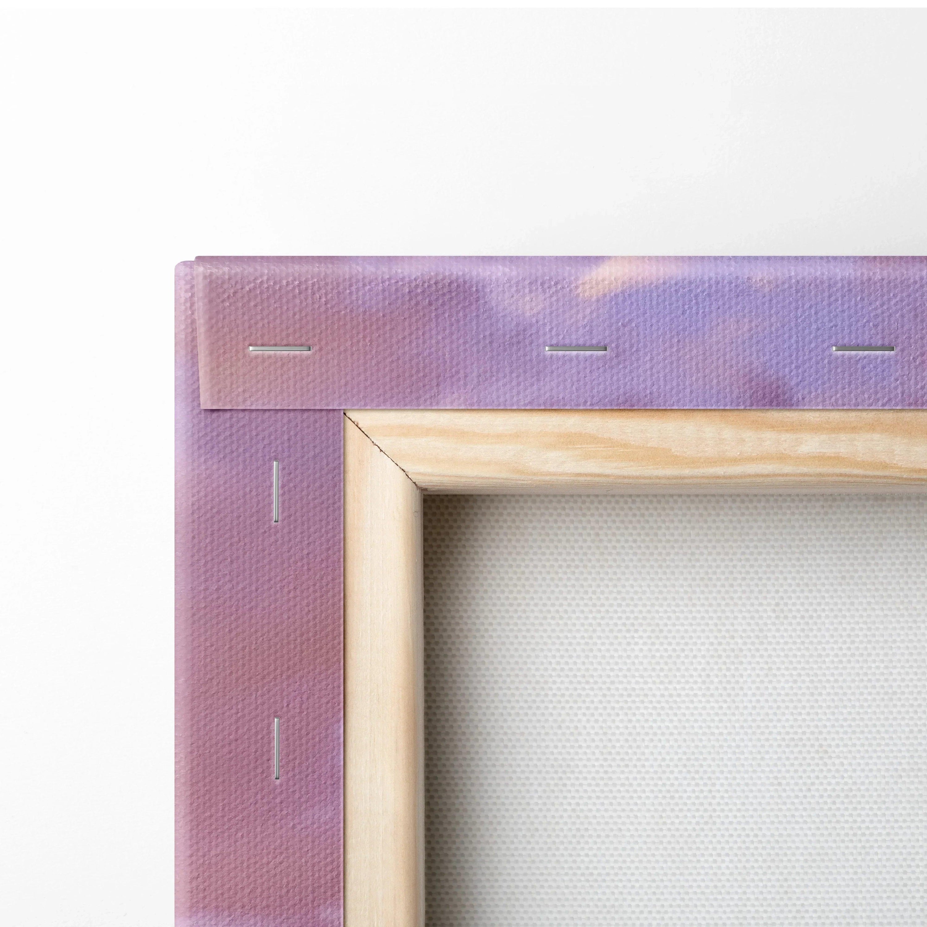 Close-up of wooden frame and purple canvas fabric texture with soft gradient tones for wall art.