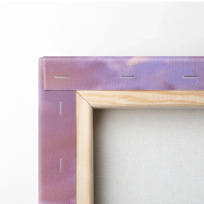 Close-up of wooden frame and purple canvas fabric texture with soft gradient tones for wall art.