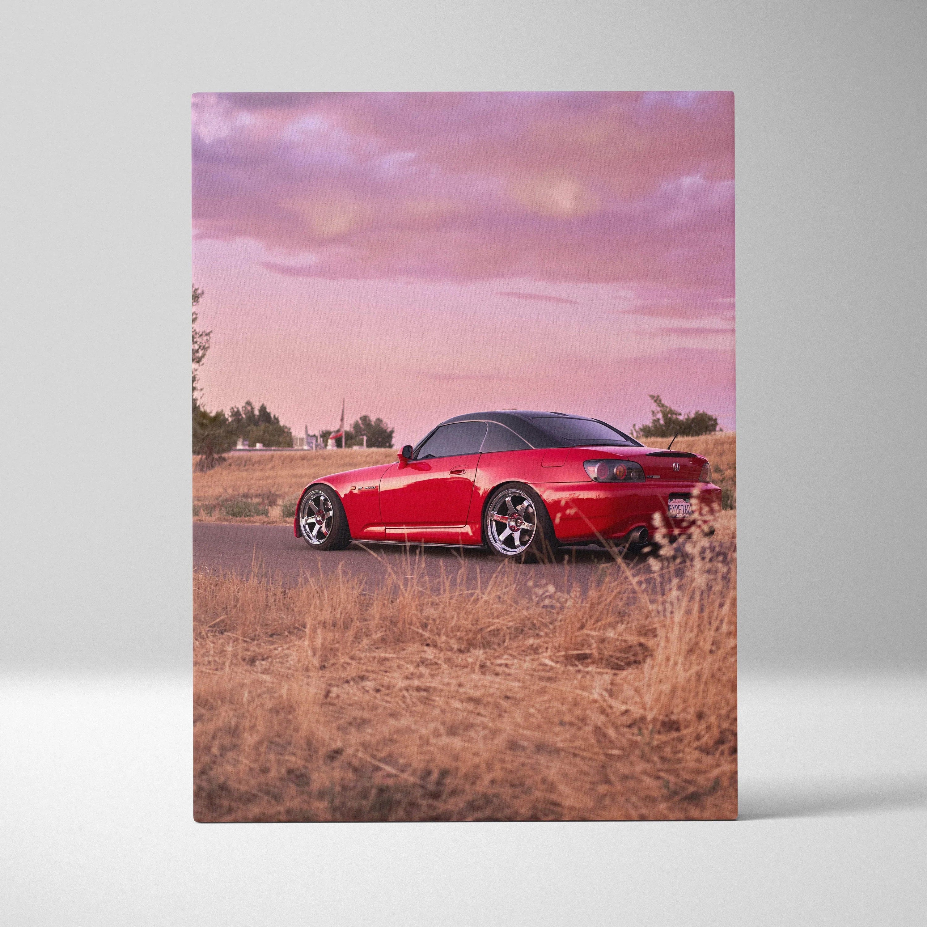 Red Honda S2000 sports car on dry grass at sunset vertical canvas wall art.