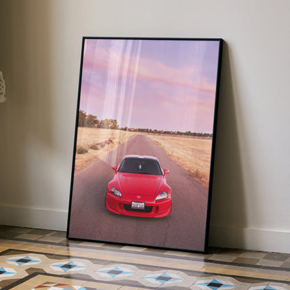 Honda S2000 red car poster with sunset background in black frame wall art.