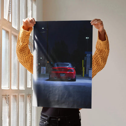 Honda S2000 poster wall art featuring a red sports car at night with detailed lighting.