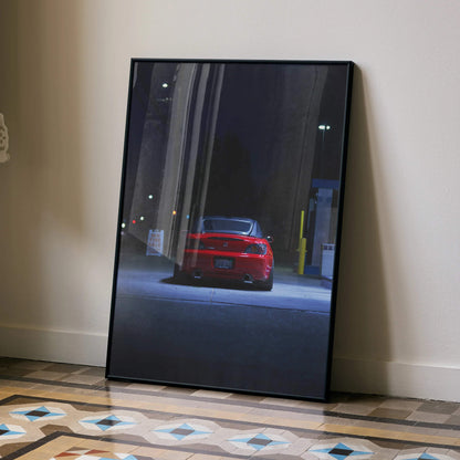 Honda S2000 red sports car poster leaning against wall, night scene automotive wall art.