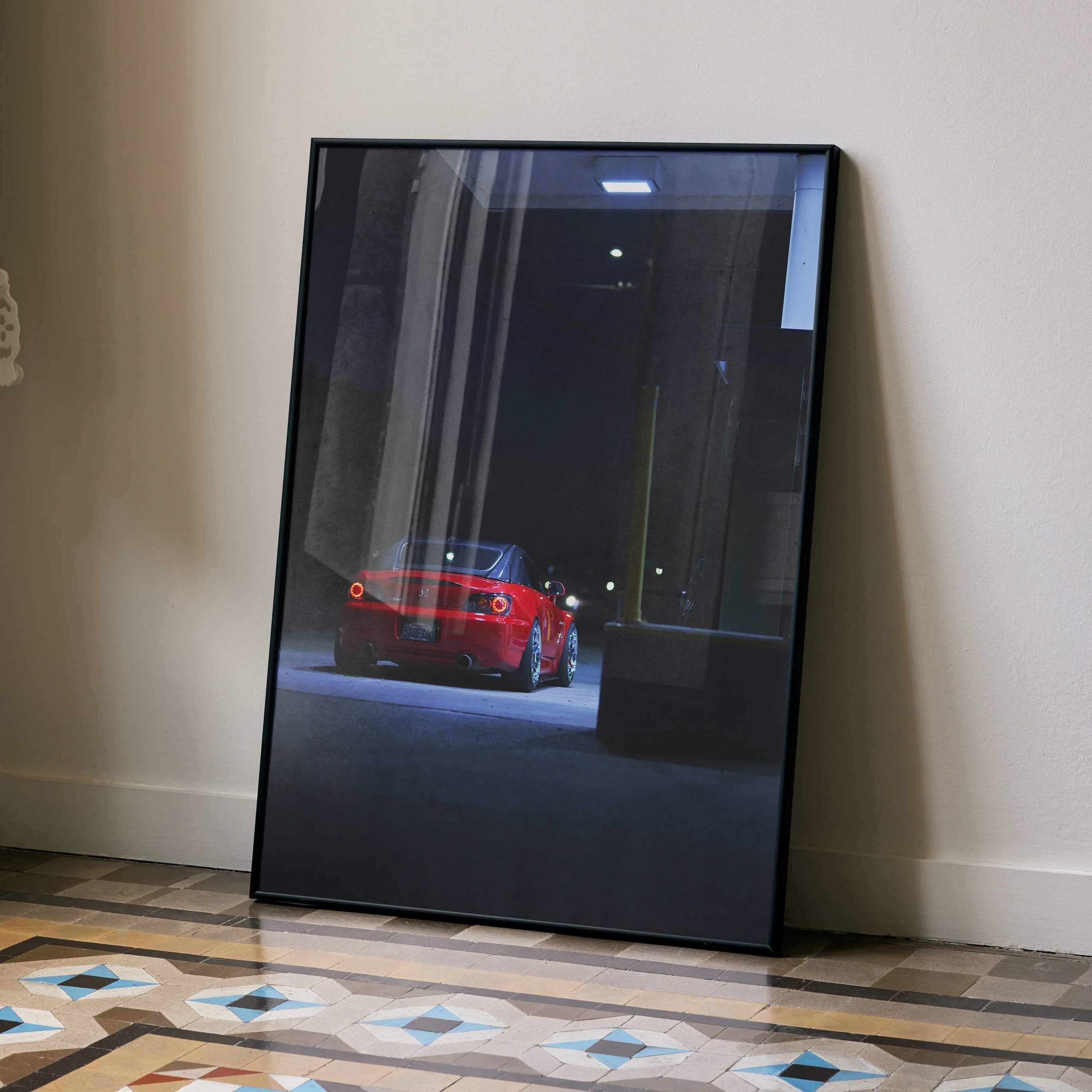 Honda S2000 red sports car night scene poster with modern black frame wall art.
