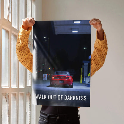 Motivational poster wall art featuring red Honda S2000 at night with text "Walk Out of Darkness".
