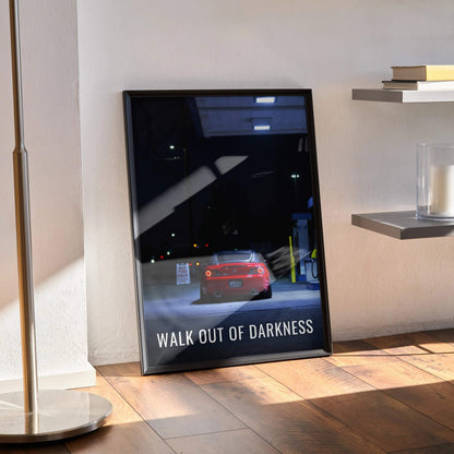 Motivational poster wall art featuring a red Honda S2000 with "Walk Out of Darkness" text in black frame.