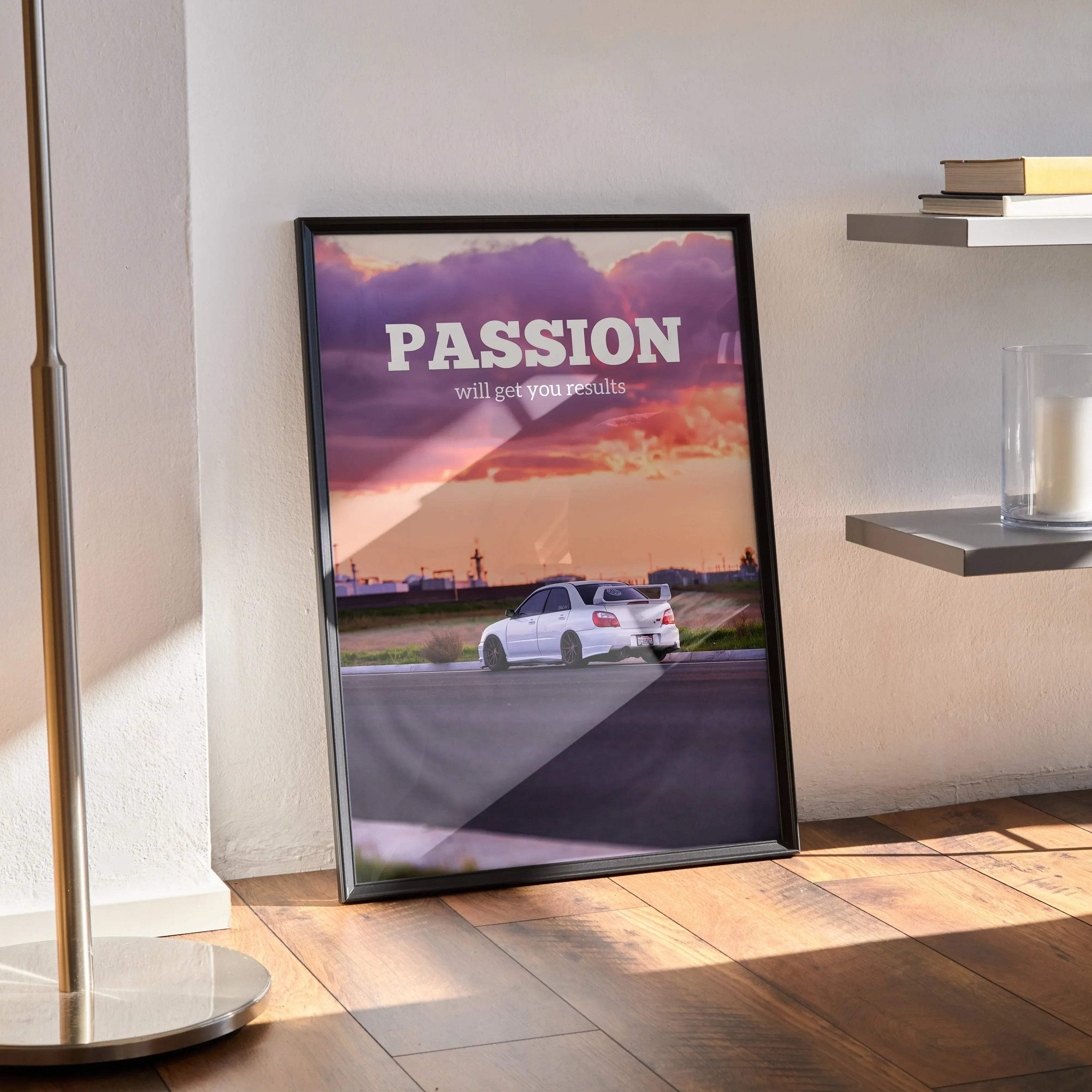 Motivational poster wall art featuring white Subaru WRX STI with sunset sky and "PASSION" text in bold letters.