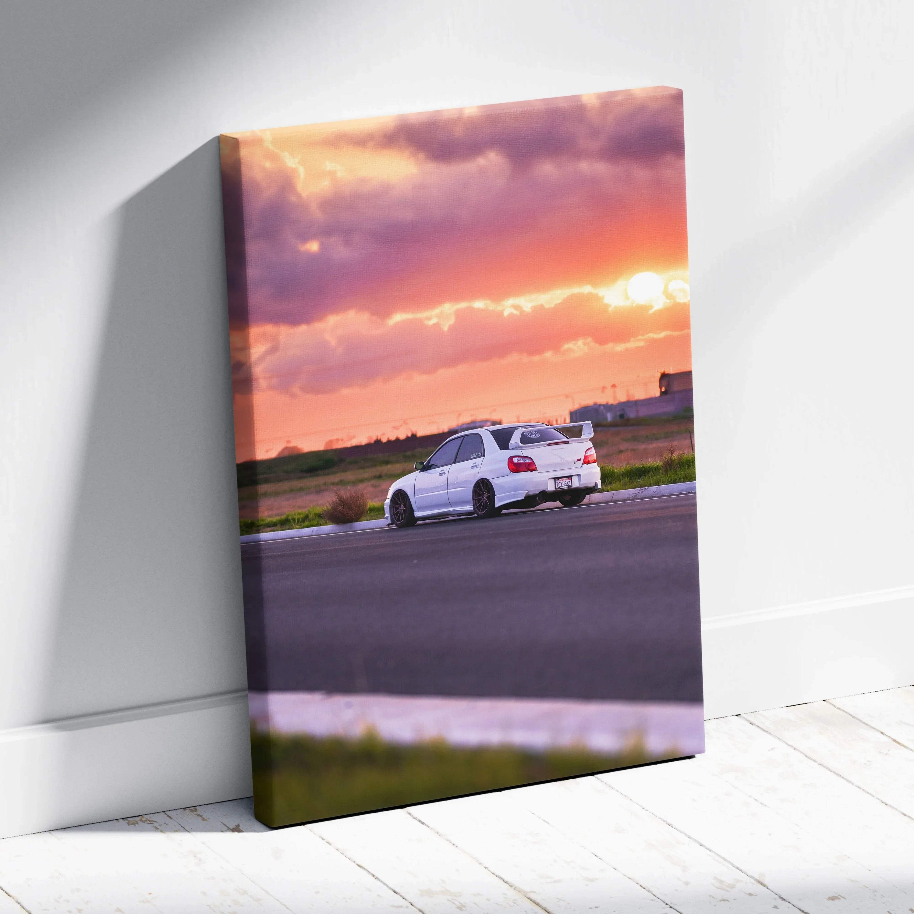 Subaru WRX STI driving on racetrack at sunset canvas wall art print vibrant colors.