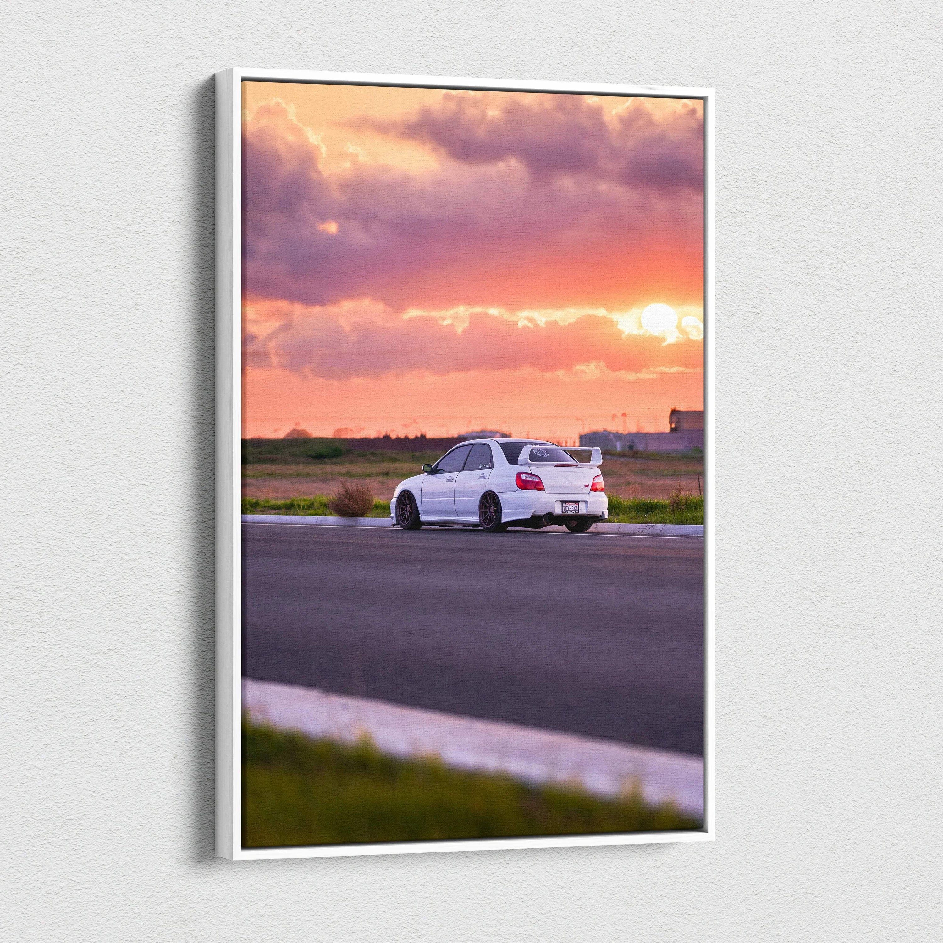 Subaru WRX STI on road at sunset vibrant canvas wall art print.