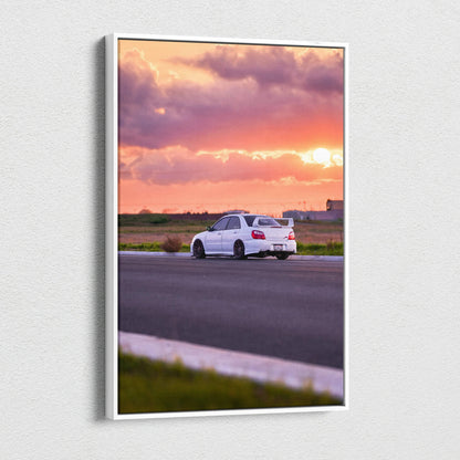 Subaru WRX STI on road at sunset vibrant canvas wall art print.