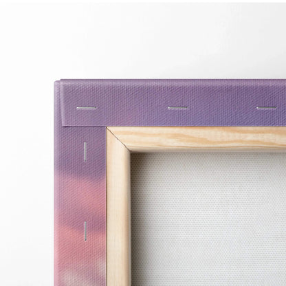 Close-up of sturdy wooden frame and canvas texture edges for vertical wall art canvas print.