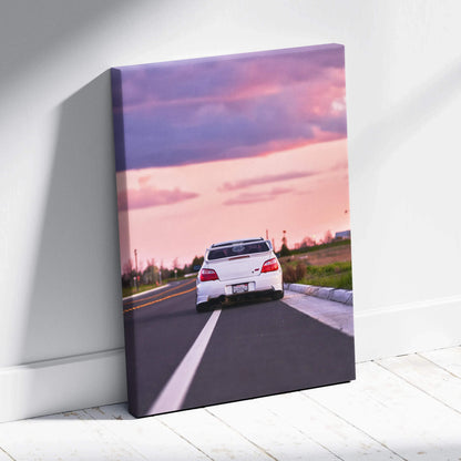 Subaru WRX STI on sunset road with purple sky, high-resolution vertical canvas wall art.