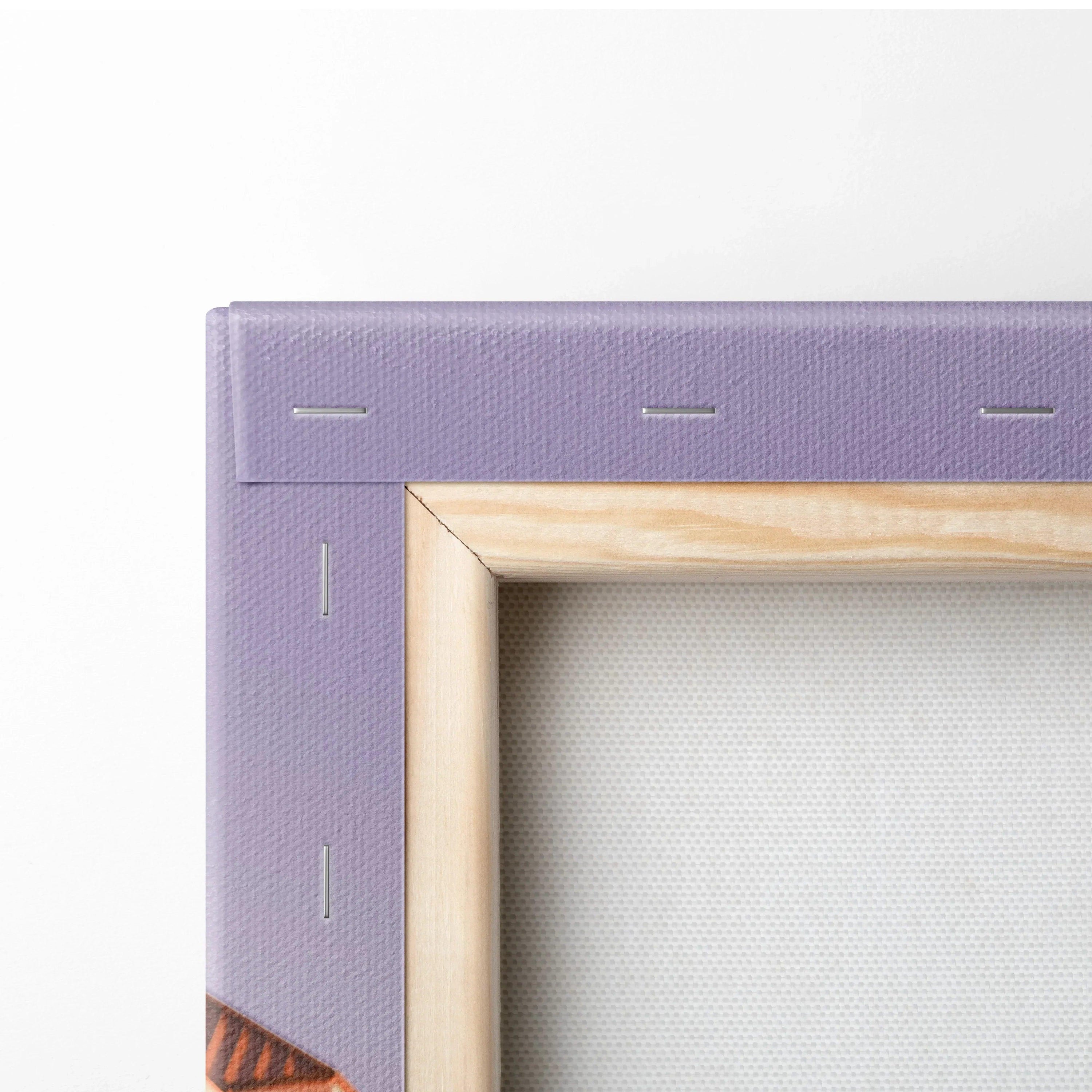 Close-up of purple canvas wrap with wooden stretcher bar and staples, museum-quality canvas art wall decor.