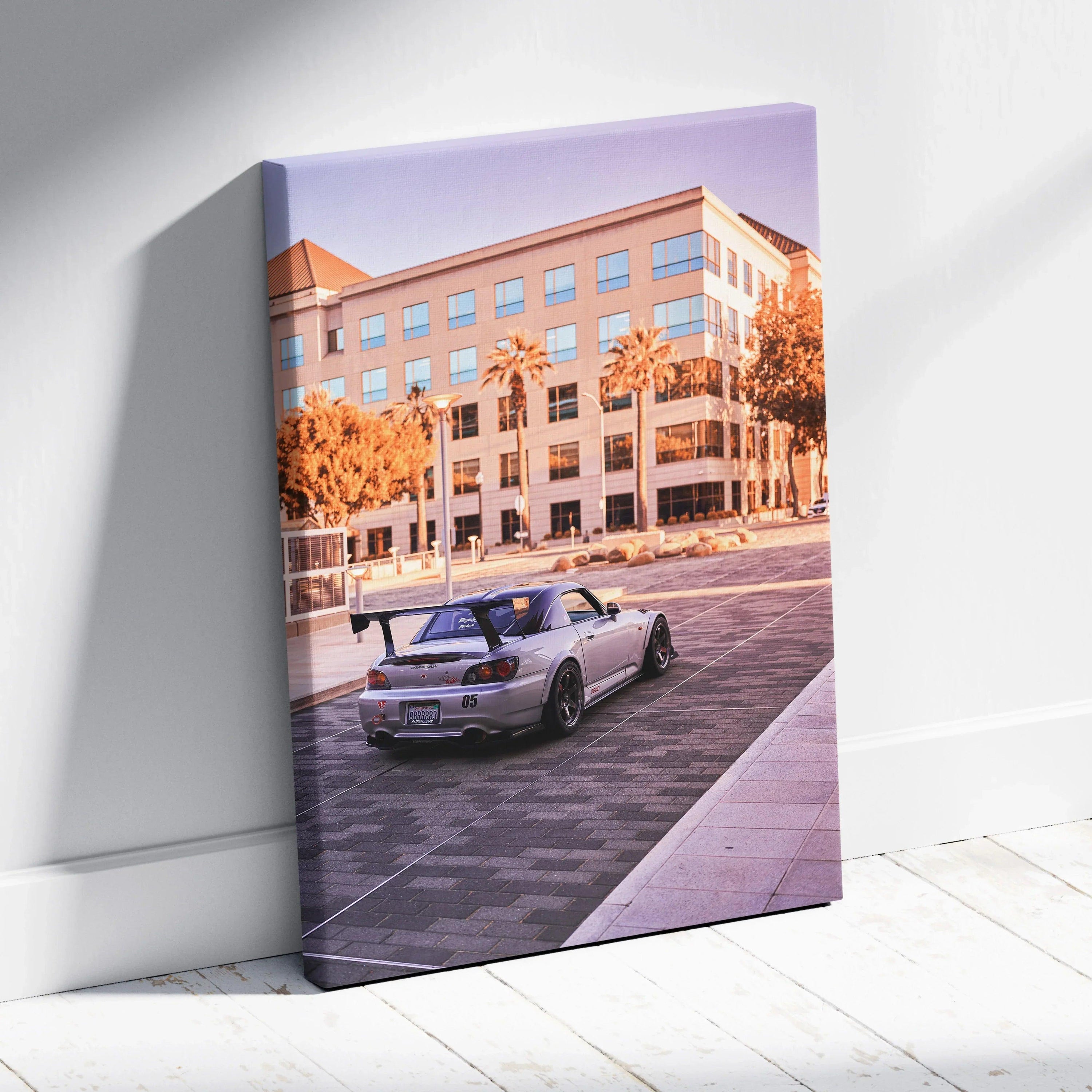 Honda S2000 sports car parked in front of modern building canvas wall art, vertical canvas art print.