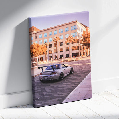 Honda S2000 sports car parked in front of modern building canvas wall art, vertical canvas art print.