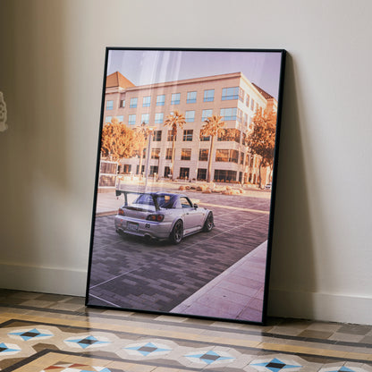 Honda S2000 poster featuring silver sports car parked in urban setting wall art.