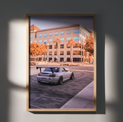 Honda S2000 sports car parked on city street in autumn urban setting poster wall art.