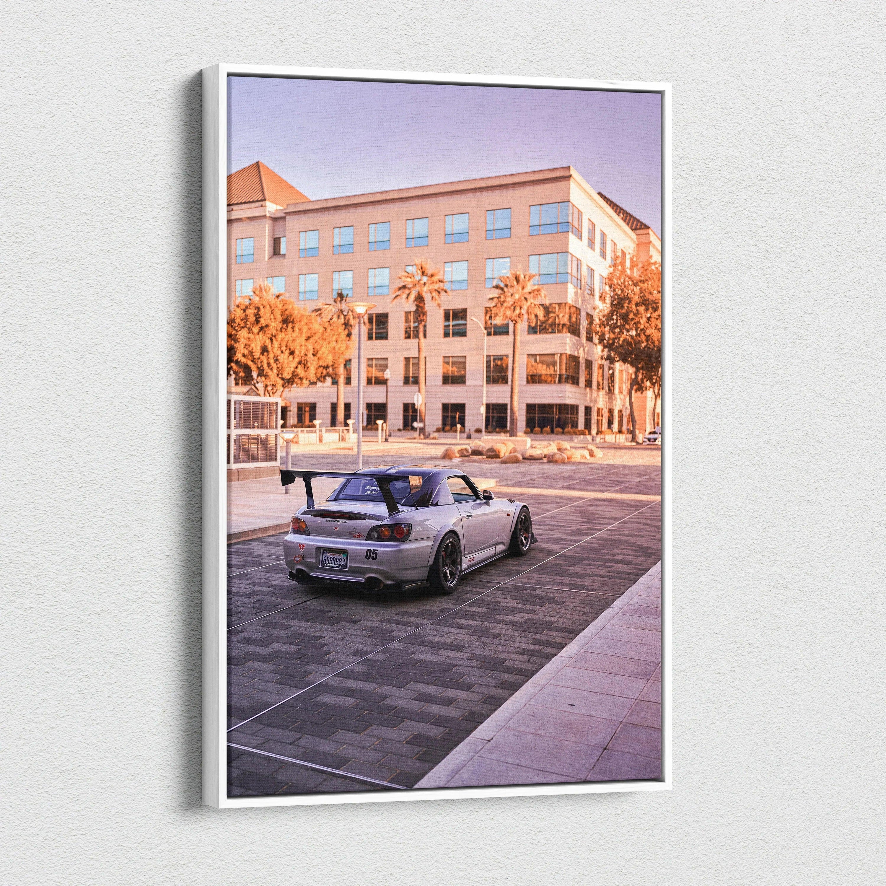 Honda S2000 sports car canvas art with urban backdrop, vertical wall art print.