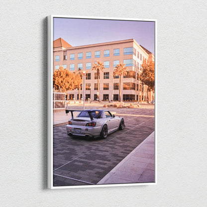 Honda S2000 sports car canvas art with urban backdrop, vertical wall art print.