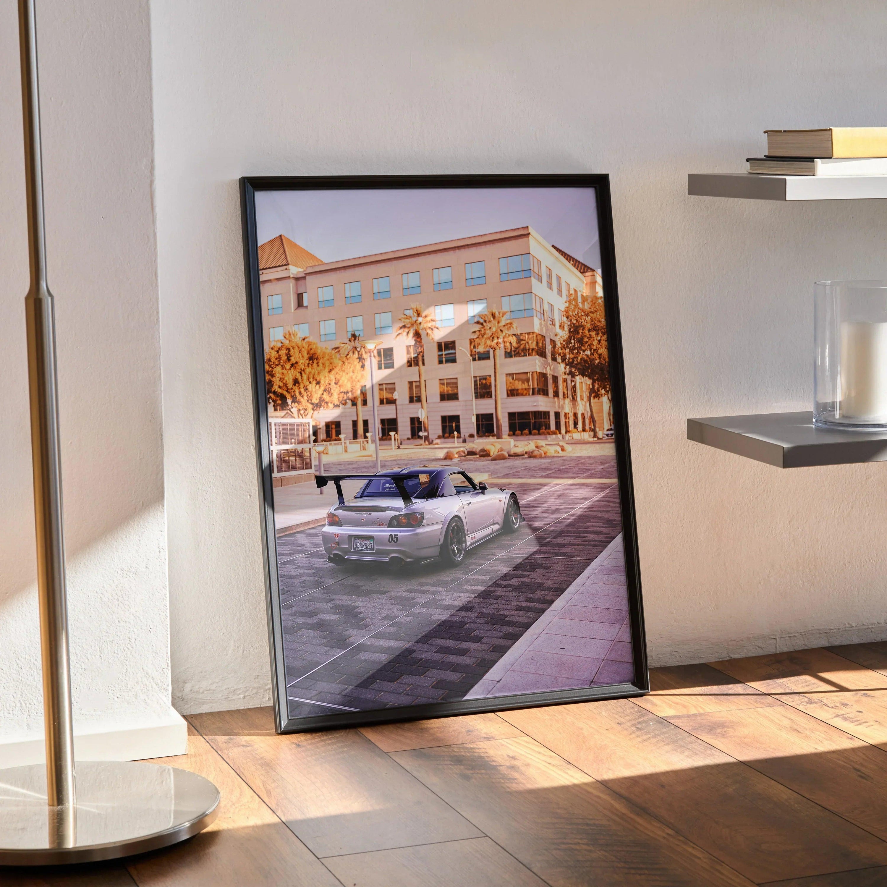 Honda S2000 poster with sleek silver sports car and modern architectural background in premium wall art print.