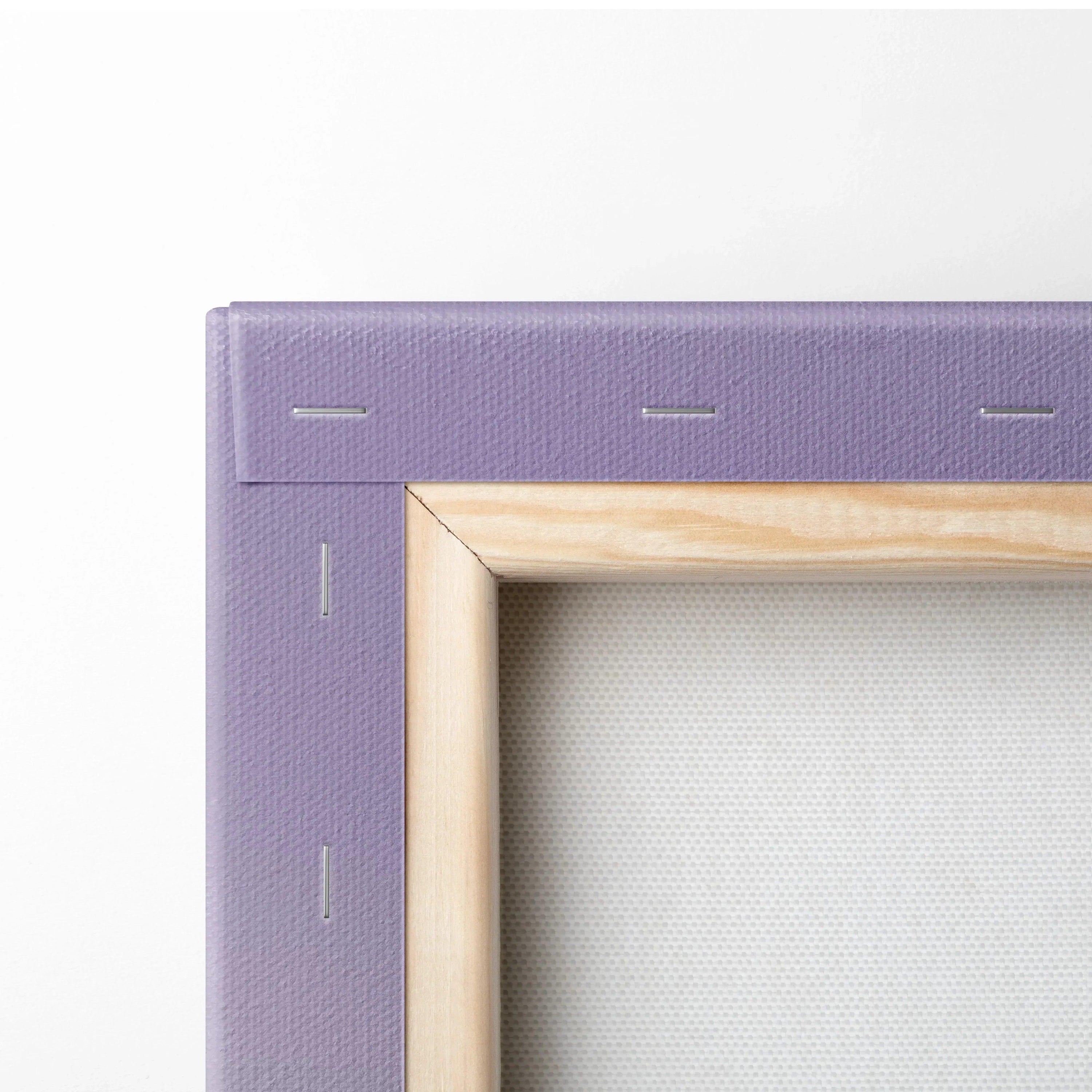 Close-up of canvas corner with wooden stretcher and staples, showcasing museum-quality canvas art texture.