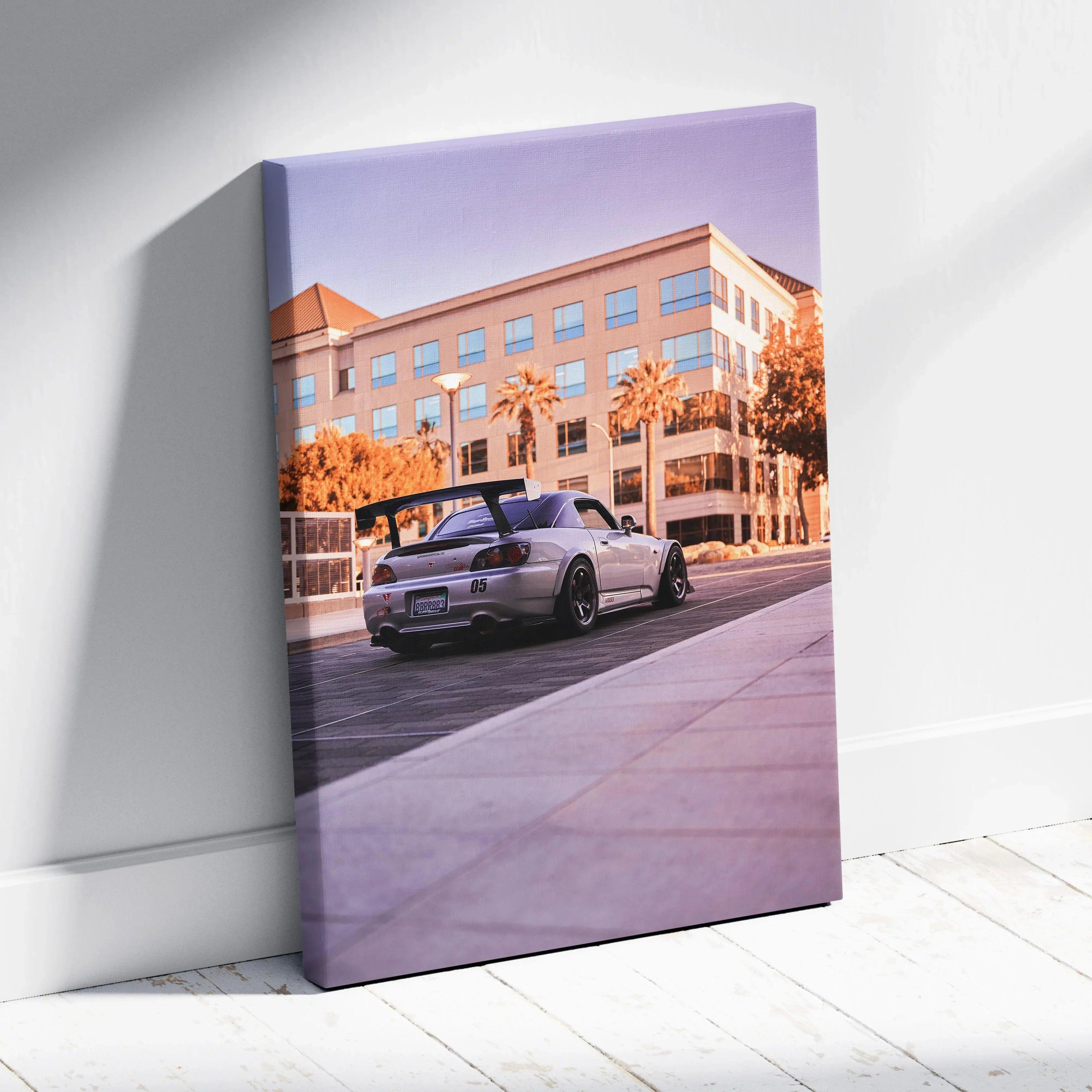 Honda S2000 sports car on city street canvas wall art in vertical format.