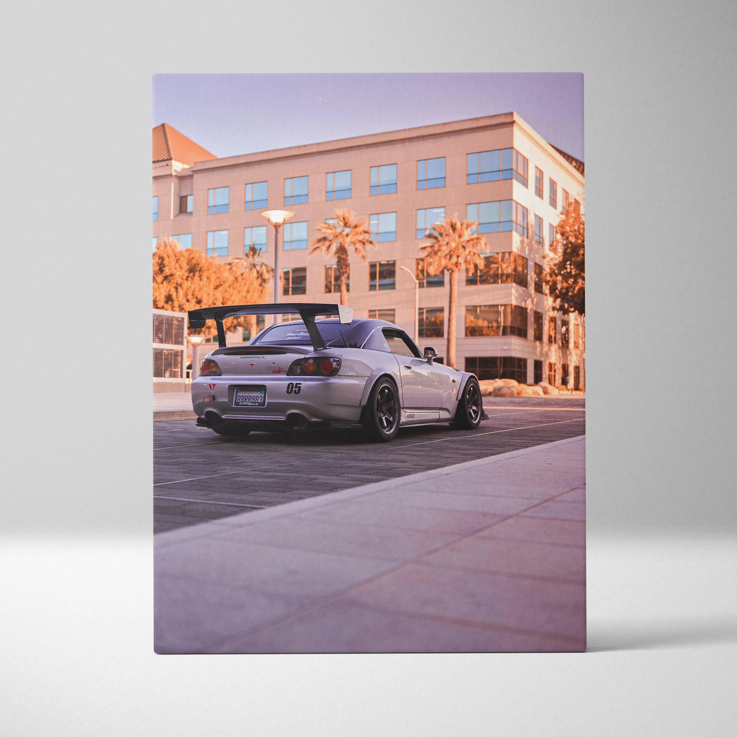 Honda S2000 sports car canvas art with urban background, vertical wall art print.