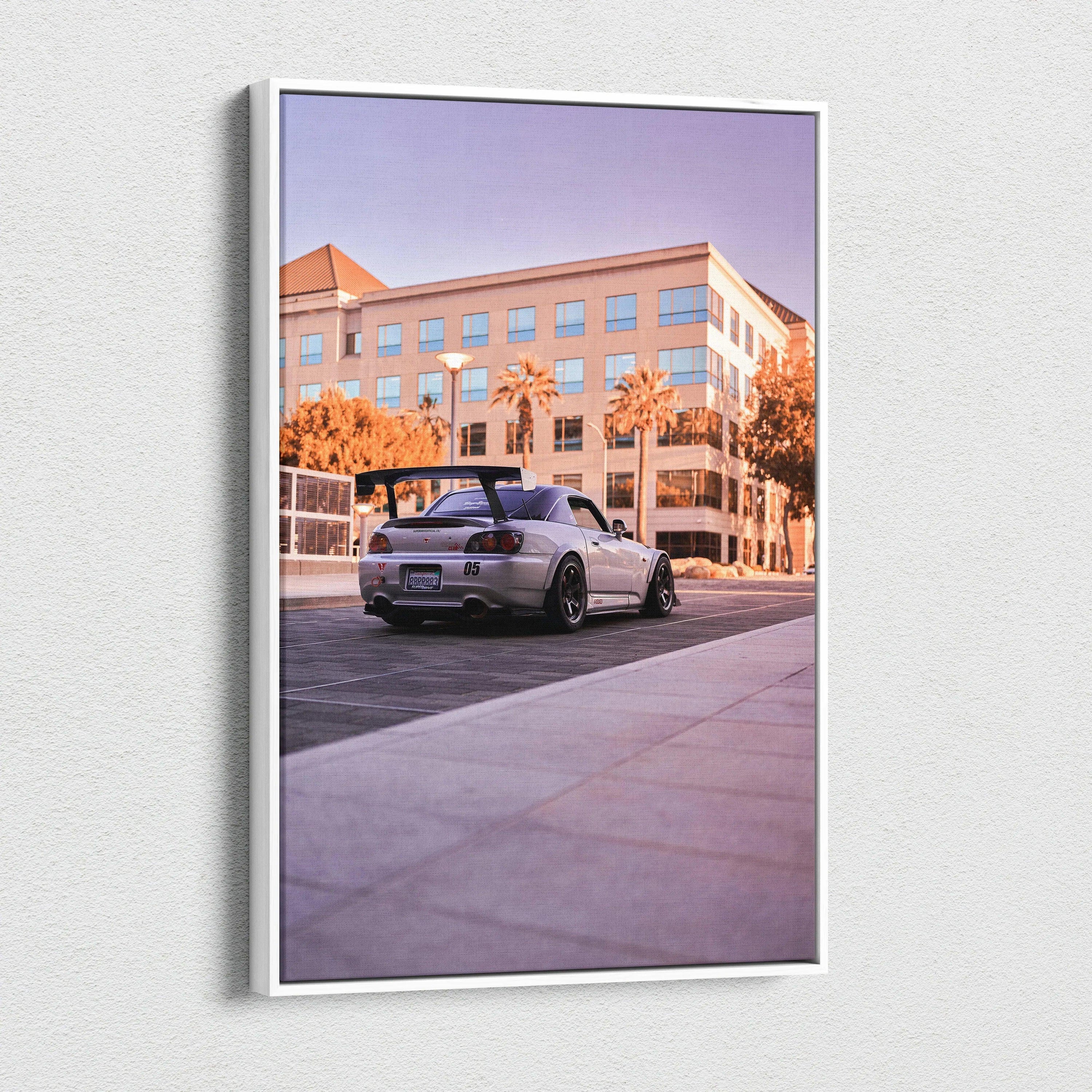Honda S2000 car canvas art with urban sunset and modern building background wall art.