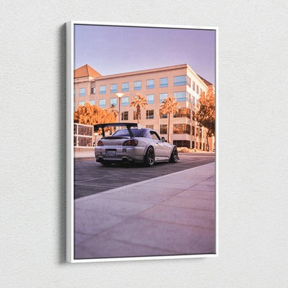 Honda S2000 car canvas art with urban sunset and modern building background wall art.