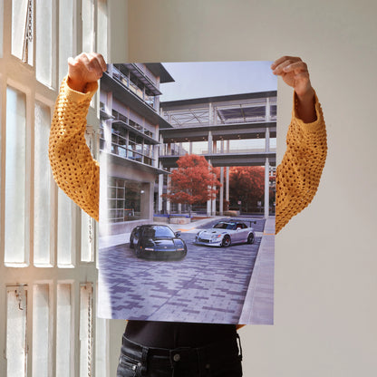 Poster featuring Acura NSX and Honda S2000 parked in modern urban setting, wall art celebrating iconic performance.