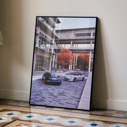 Framed poster wall art featuring Acura NSX and Honda S2000 parked near modern building with autumn trees.