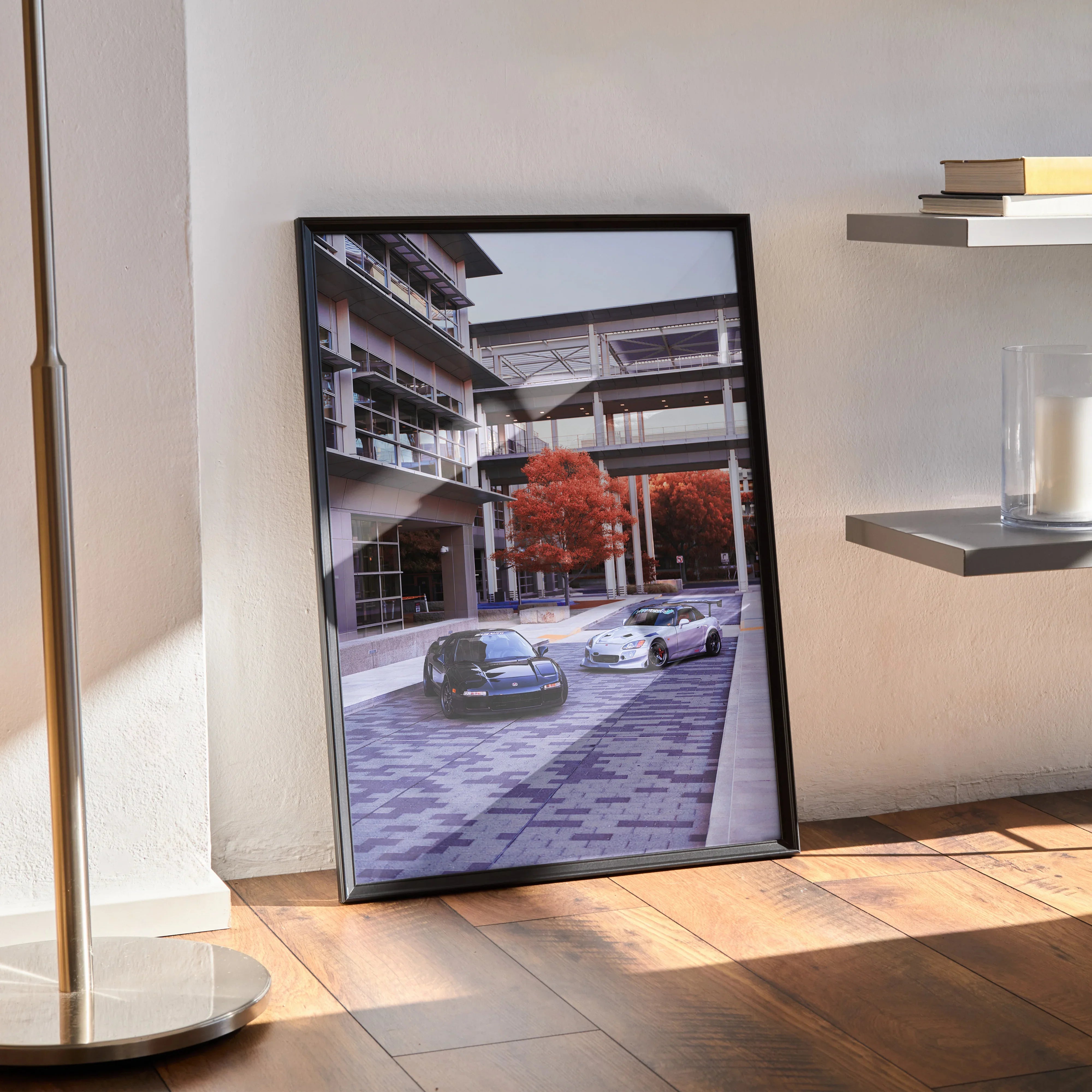 Acura NSX and Honda S2000 high-resolution poster featuring sleek cars in urban setting, modern wall art.