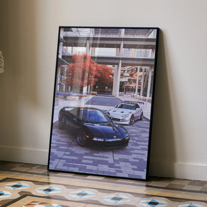 Acura NSX and Honda S2000 poster featuring black and white cars in urban setting, automotive wall art.