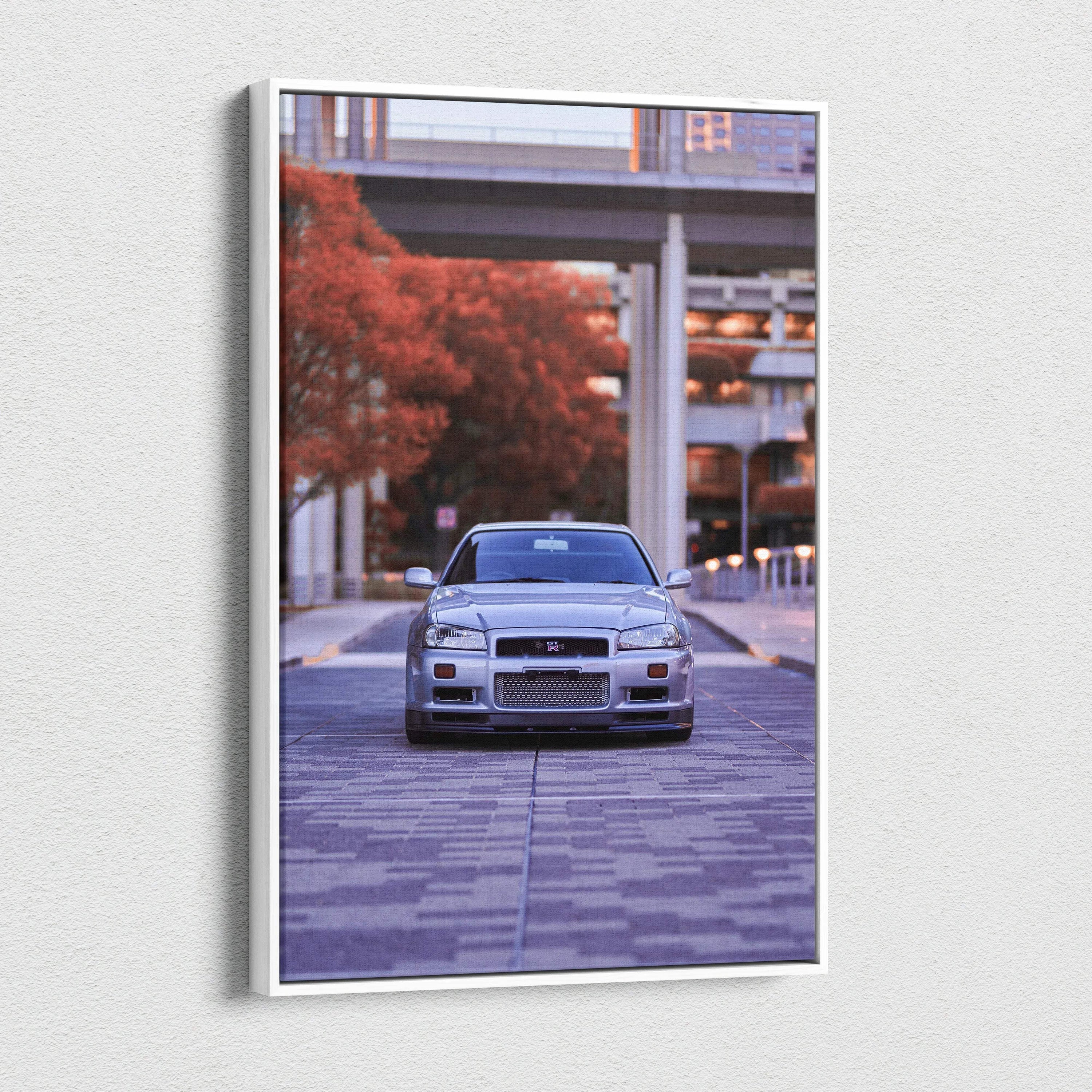 Nissan GTR R34 Skyline canvas art with urban street background, vertical wall art print.