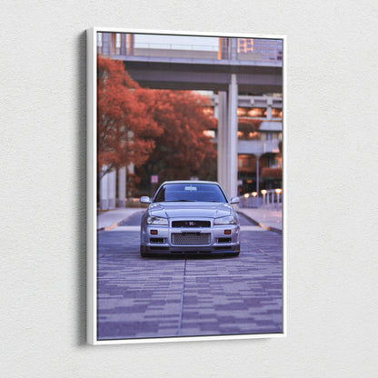 Nissan GTR R34 Skyline canvas art with urban street background, vertical wall art print.