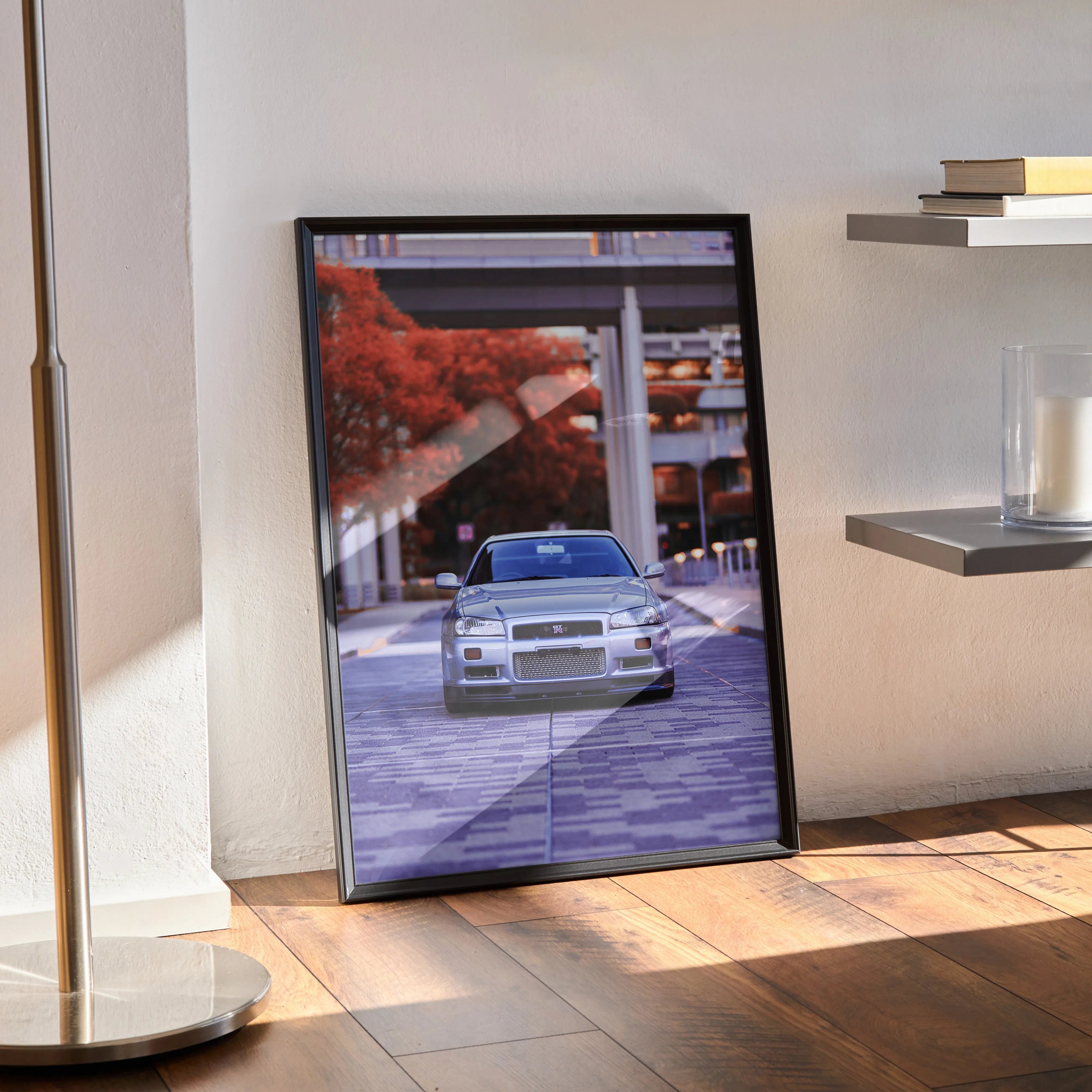 Nissan GTR R34 Skyline poster wall art with vibrant autumn trees and urban backdrop in high resolution.