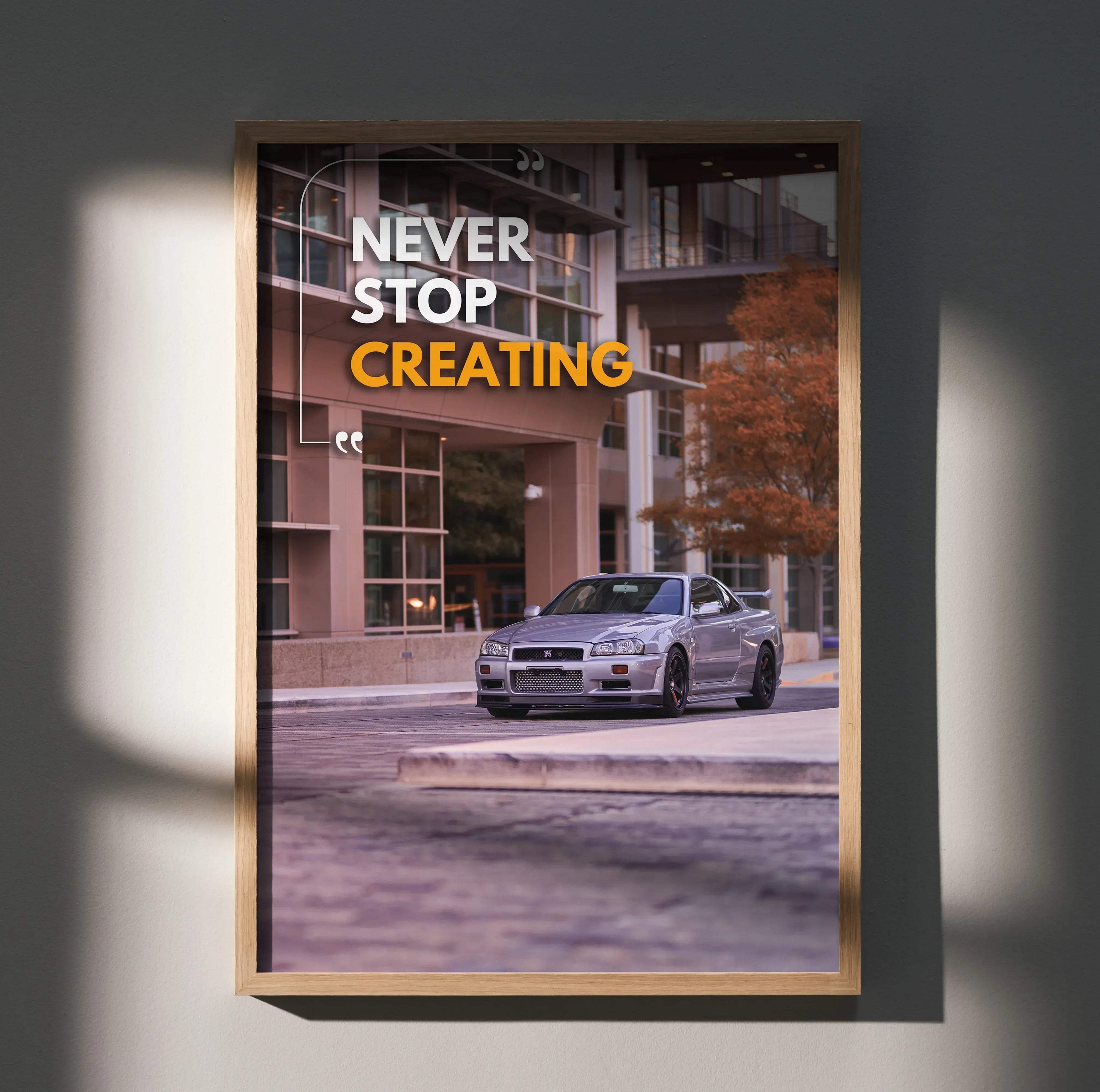 Silver nissan skyline r34 sports car motivational poster in a light wood frame for inspiring wall decor