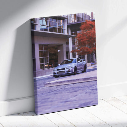 Nissan GTR R34 Skyline canvas art with urban background and autumn tree wall art print.