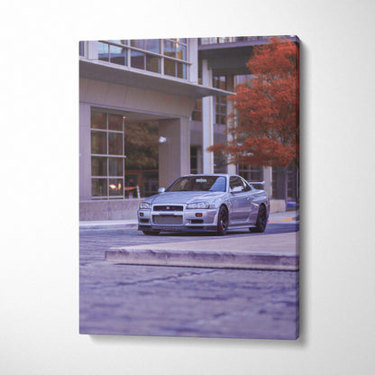 Nissan GTR R34 Skyline car canvas wall art with urban background and autumn tree.