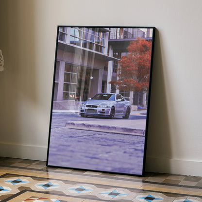 Nissan GTR R34 Skyline poster wall art with urban street scene and red autumn tree background.