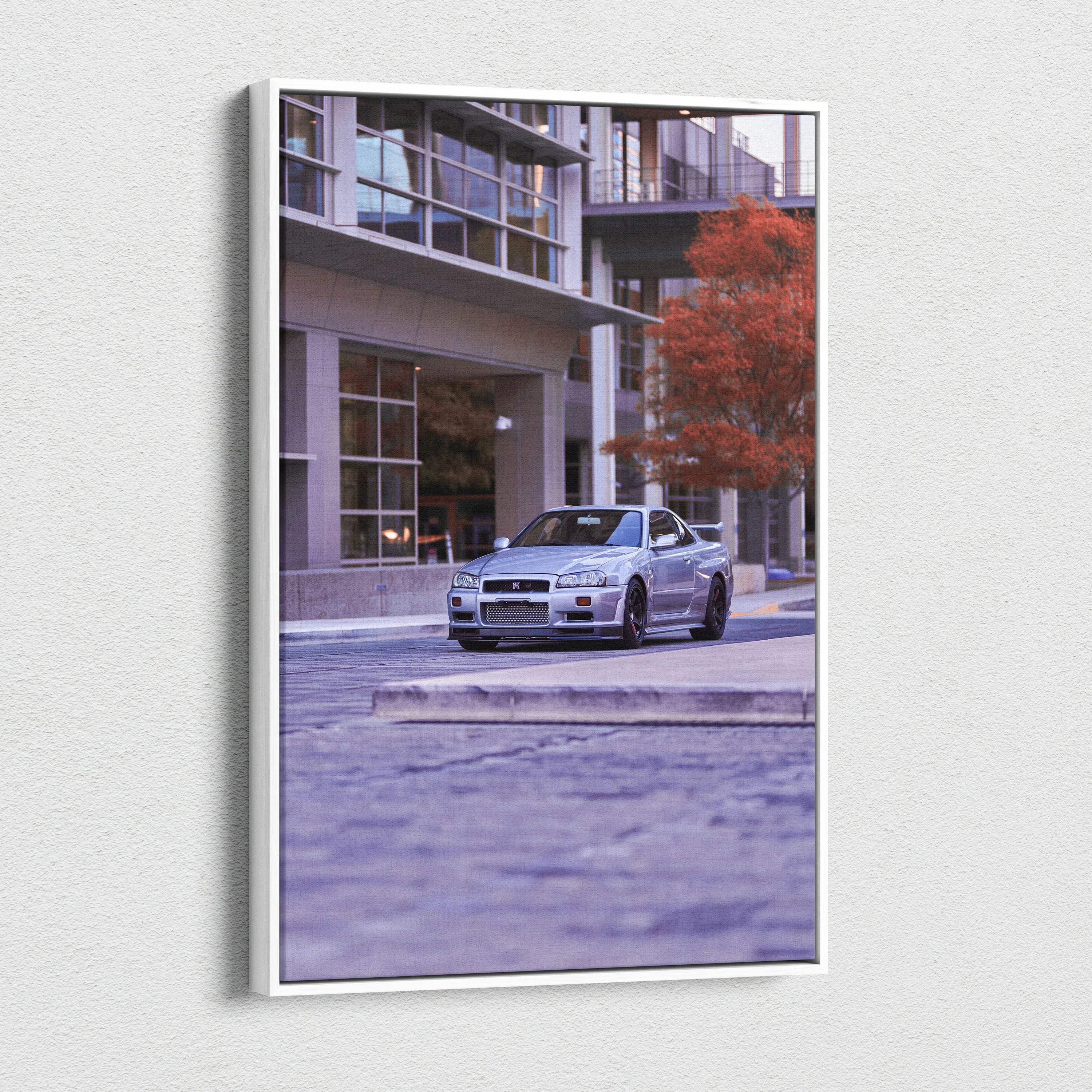 Nissan GTR R34 Skyline car parked on city street canvas wall art with modern urban background.
