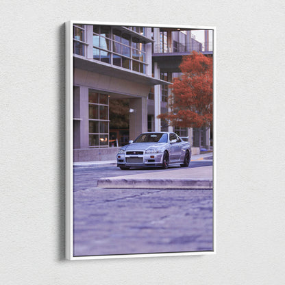 Nissan GTR R34 Skyline car parked on city street canvas wall art with modern urban background.
