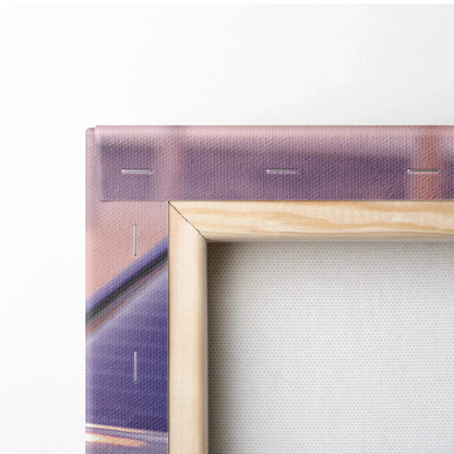 Close-up of natural wood frame and tightly wrapped canvas corner showcasing high-quality canvas art print.