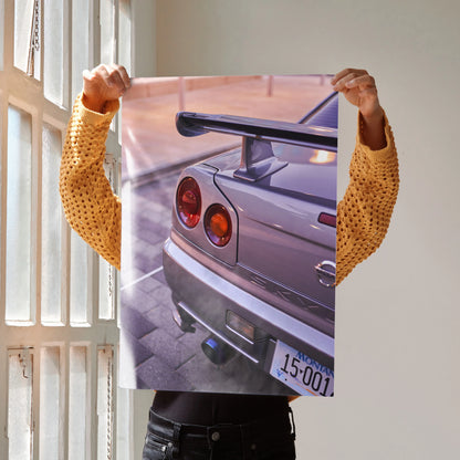 Nissan GTR R34 Skyline rear view poster with iconic round taillights and spoiler wall art.