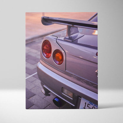Nissan GTR R34 Skyline rear close-up canvas wall art with sunset tones, high-resolution car canvas art.
