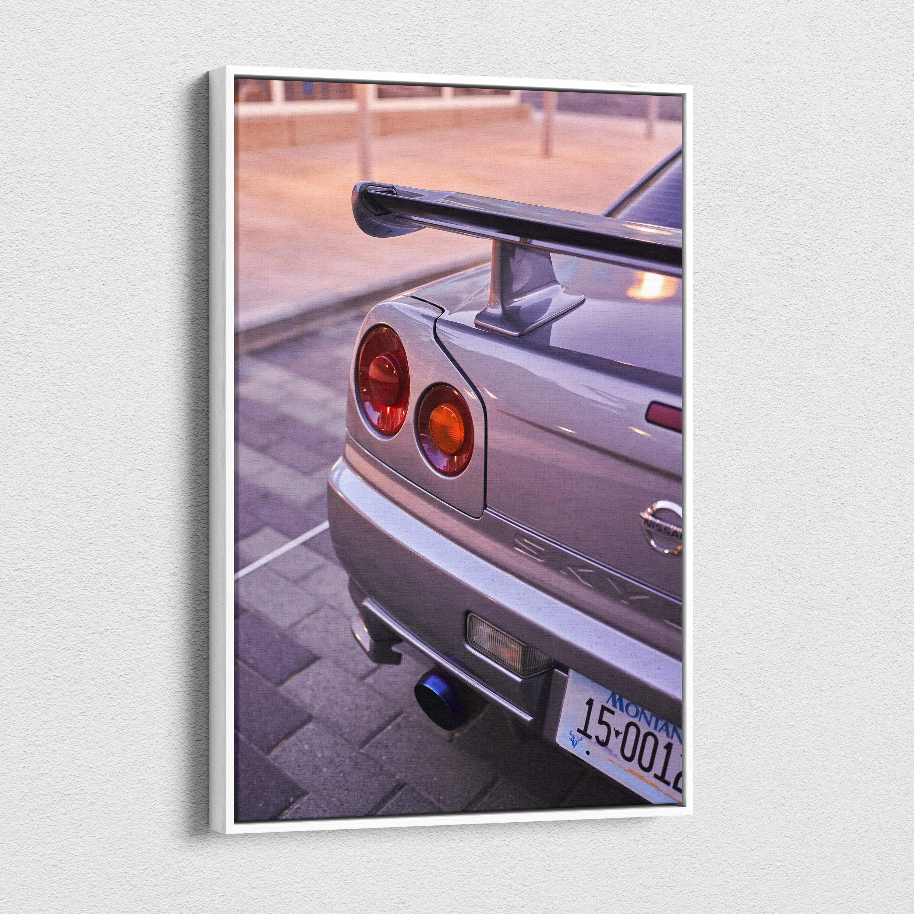 Nissan GTR R34 Skyline rear detail on vertical canvas wall art with glossy finish.