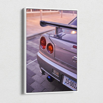 Nissan GTR R34 Skyline rear detail on vertical canvas wall art with glossy finish.